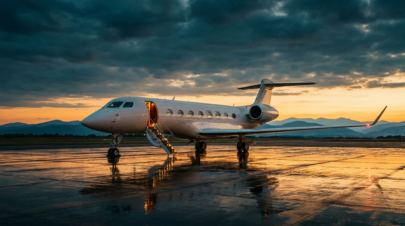 Private jet at dusk