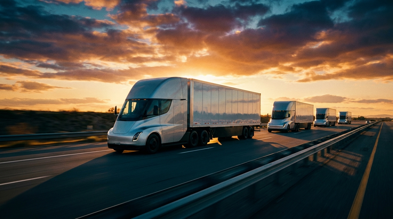 Fleet of trucks on highway